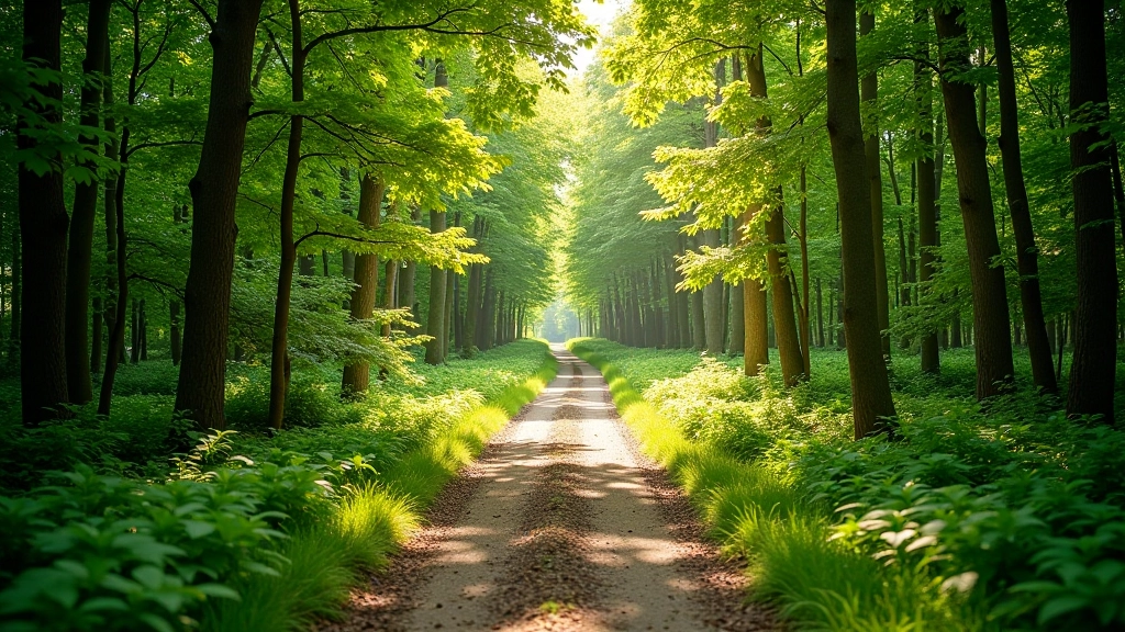 Peaceful riverside path through green forest