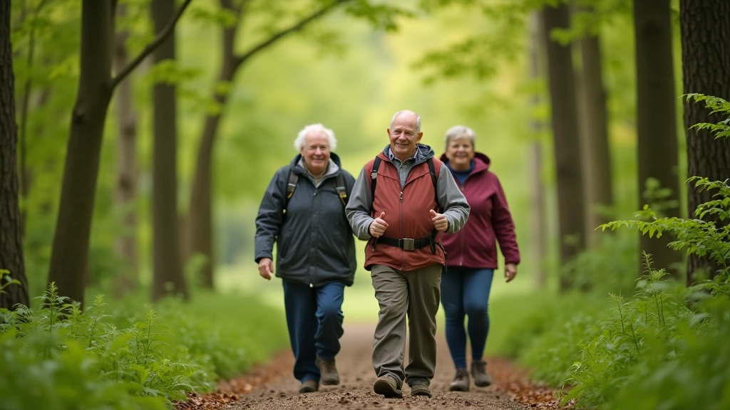Seniors enjoying a gentle hiking experience together on a scenic forest trail