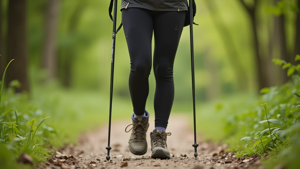 Person wearing compression knee sleeve and holding trekking poles while standing on forest trail