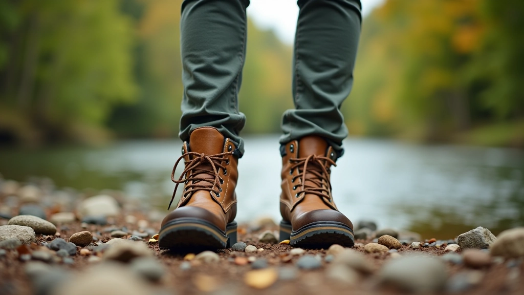 Close-up of hiking boots on rocky riverbank with water visible in background