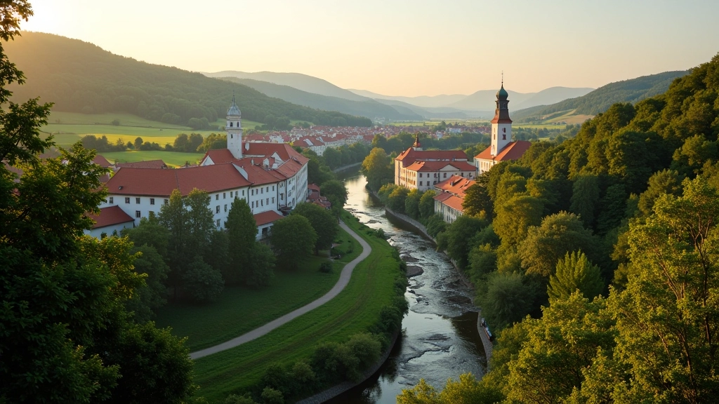 Scenic view of Kuldīga town with historic buildings and the Venta River valley landscape in the background