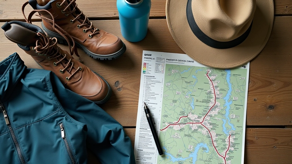 Properly laid out hiking gear including quality boots, water bottle, map, and rain jacket on wooden surface