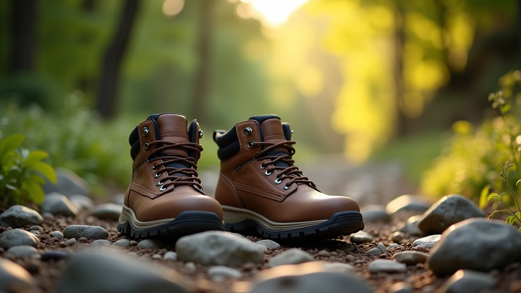 Close-up of sturdy hiking boots on rocky trail with river visible in background