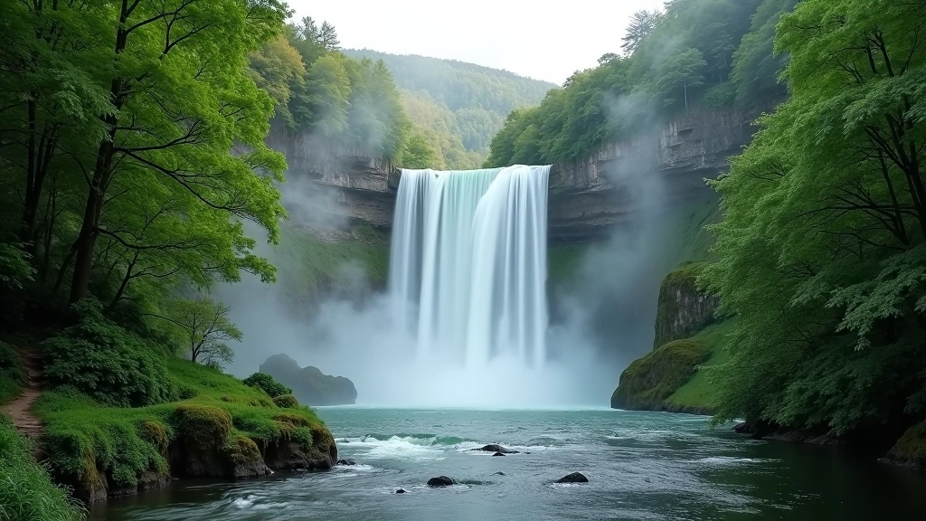 Scenic view of Venta waterfall with mist rising from the river valley below, surrounded by green forest and walking trails