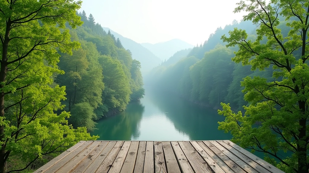 Wooden viewing platform overlooking the Venta River valley with spring green trees and distant waterfall mist