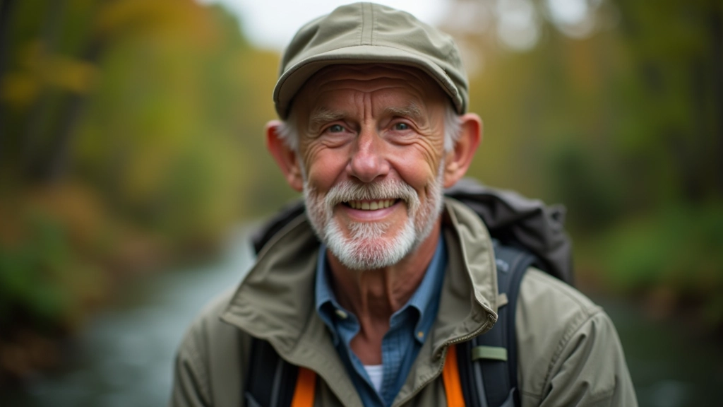 Group of four senior adults smiling at camera in outdoor hiking gear at forest trailhead