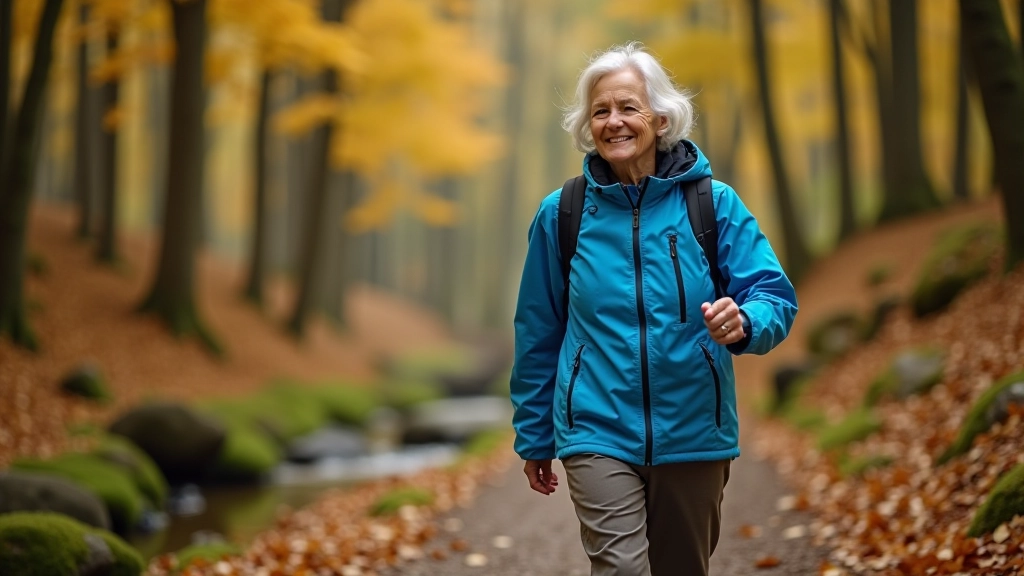 Hiker in colorful jacket walking on forest trail with autumn leaves on ground