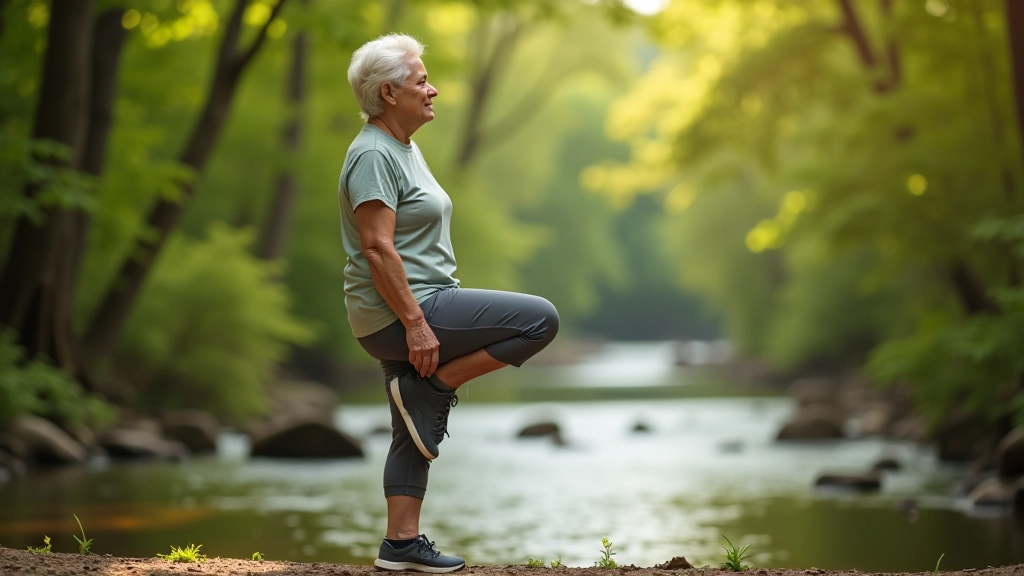 Senior woman doing gentle leg stretches outdoors with forest background