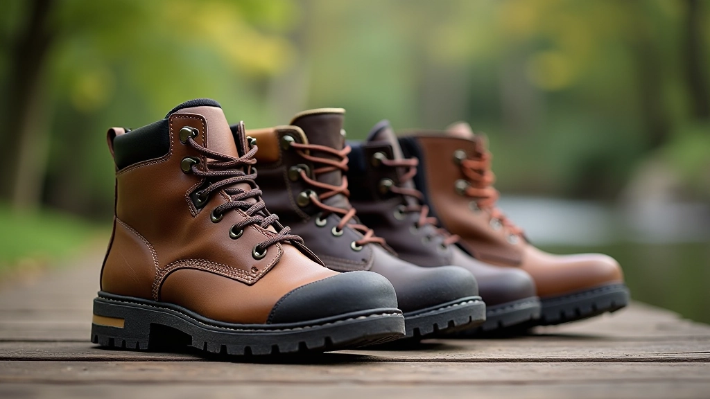 Different types of hiking boots displayed on wooden surface with hiking socks nearby
