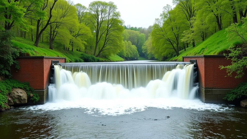 Venta waterfall in spring with water flowing powerfully over red brick structure