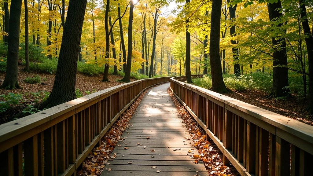 Scenic forest path with wooden railings and autumn leaves covering the walking trail