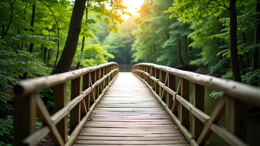Wooden bridge structure crossing over flowing water in natural park setting